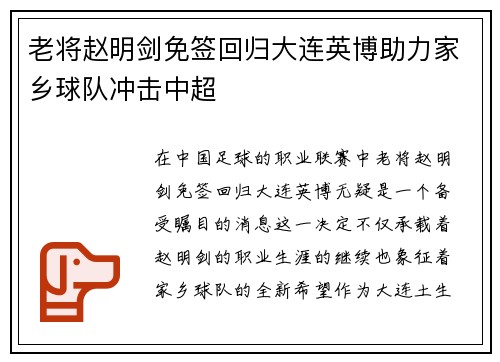 老将赵明剑免签回归大连英博助力家乡球队冲击中超